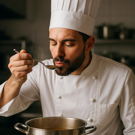 Chef tasting soup in kitchen. Portrait of young bearded man in chef uniform tasting soup in kitchen.