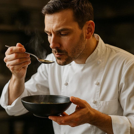 Close-up portrait of a handsome Caucasian male chef in a white uniform tasting a soup in a...