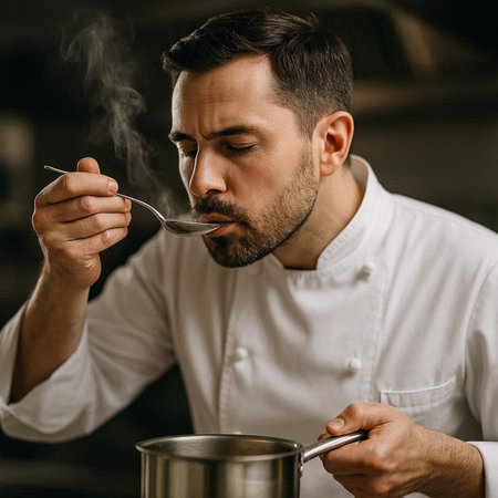 Close-up portrait of a handsome bearded chef in a white uniform