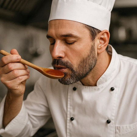 Portrait of a bearded male chef with a spoon in his hand.