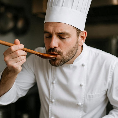 Portrait of a bearded male chef in the kitchen of a restaurantの写真素材
