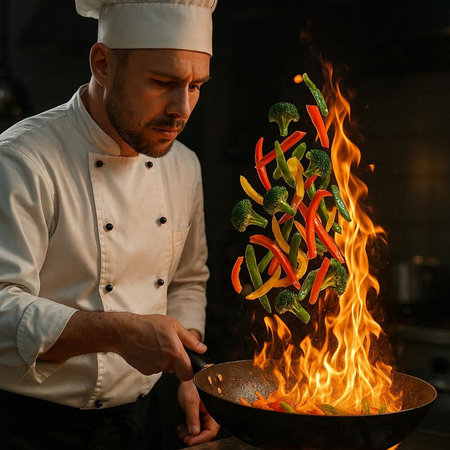 Chef cooking vegetables in a frying pan in a restaurant kitchen.