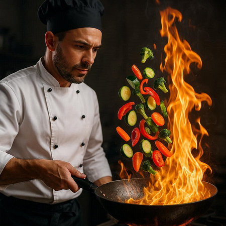 Chef cooking vegetables in a pan on a black background. Restaurantの写真素材