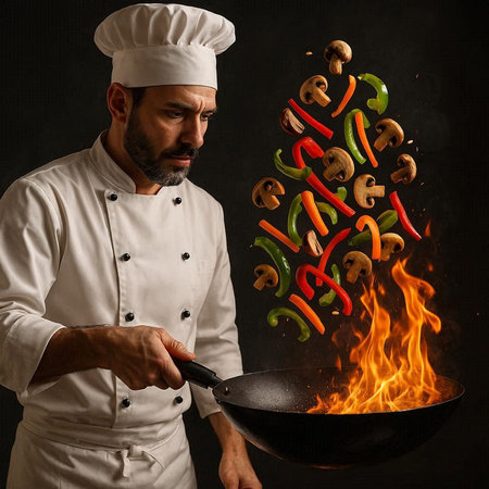 Chef cooking with vegetables and fire on black background. Restaurant concept
