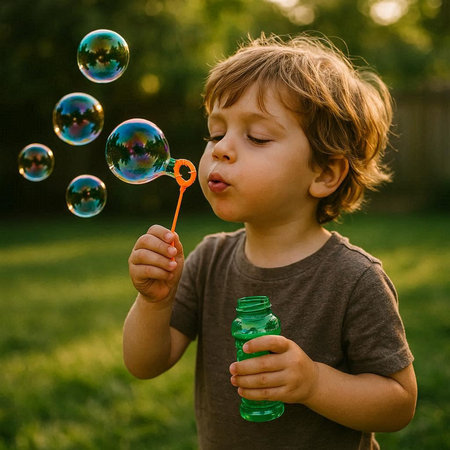 Cute little boy playing with soap bubbles in the garden on a sunny day