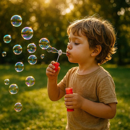 Cute little boy playing with soap bubbles in the park on sunset