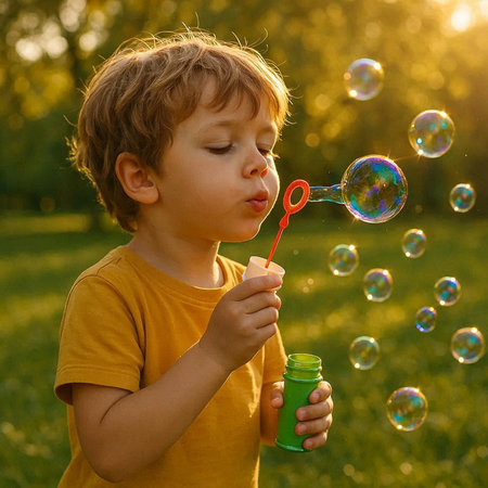 Little boy blowing soap bubbles in the park on sunny summer day.