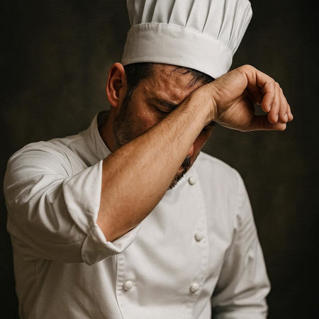 Portrait of a tired male chef in white uniform over dark background