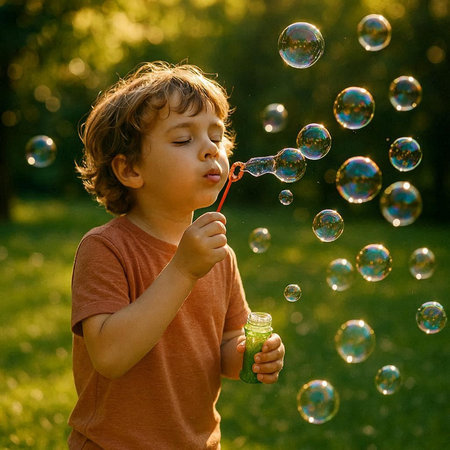 Cute little boy blowing soap bubbles in the park on sunny summer day