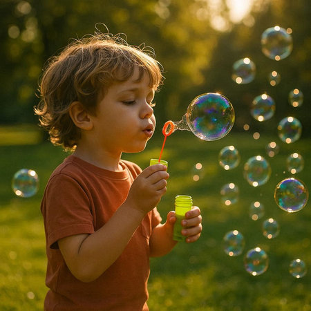 Cute little boy blowing soap bubbles on green grass at sunset.