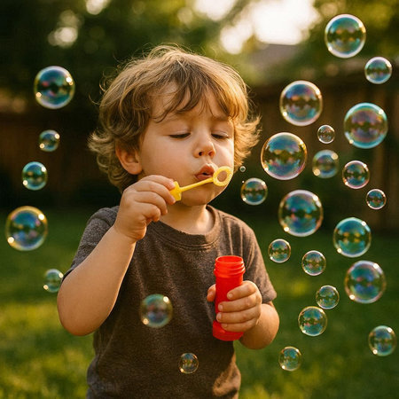 Cute little boy blowing soap bubbles in the garden on a summer day