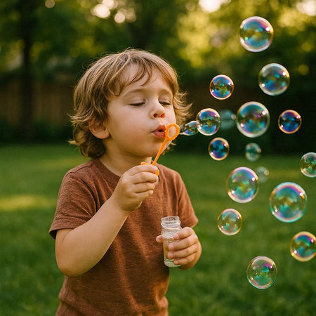 Cute little boy blowing soap bubbles in the park. Blurred background