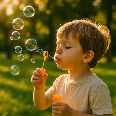 Cute little boy blowing soap bubbles in park on sunny summer day