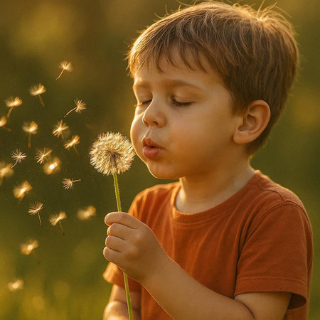 Little boy blowing dandelion seeds in the meadow at sunsetの写真素材