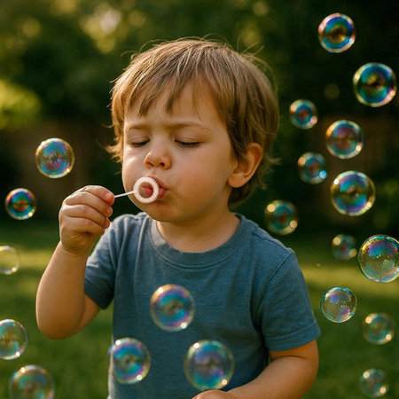 Cute little boy playing with soap bubbles outdoors. Happy childhood.