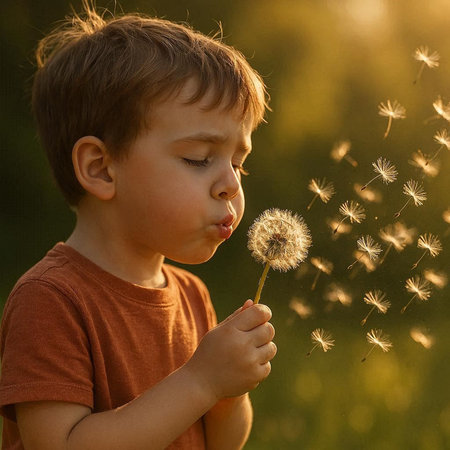 boy blowing dandelion seeds in the sunset light, close up