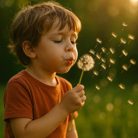 Cute little boy blowing dandelion seeds in the meadow