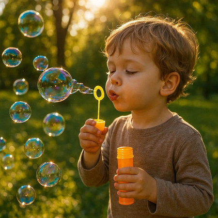 Cute little boy blowing soap bubbles in the park on a sunny dayの写真素材
