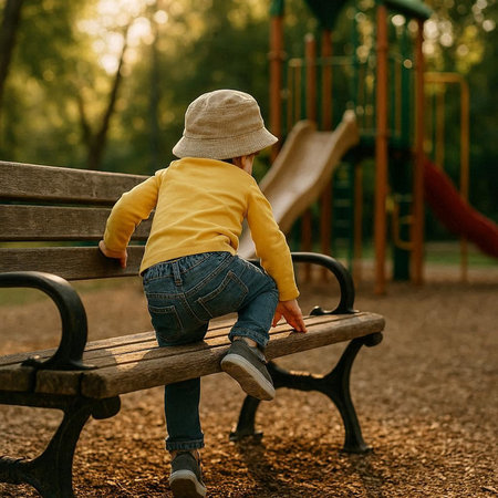 Little boy sitting on a bench in the park and looking at the camera