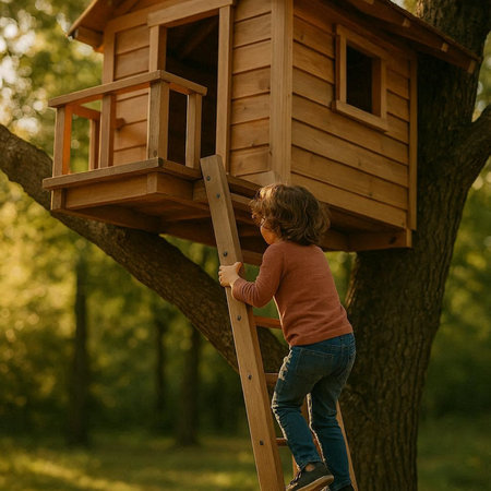 Cute little boy playing with a wooden birdhouse in the park