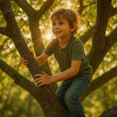 Portrait of a cute little boy climbing a tree in the park