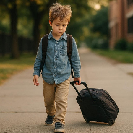 cute little boy with suitcase going to school on a warm summer day
