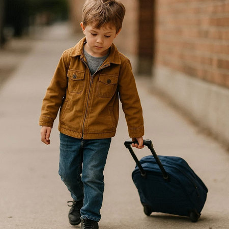 Little boy with suitcase walking on the street. Concept of travel.の写真素材