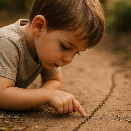 Little boy playing on the ground in the park, close-up