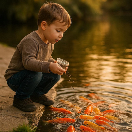 Cute little boy playing with fishes in the pond at sunset.