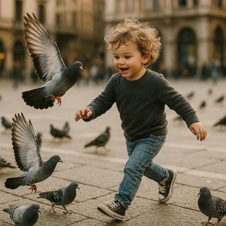 little boy playing with pigeons on the street in the city.