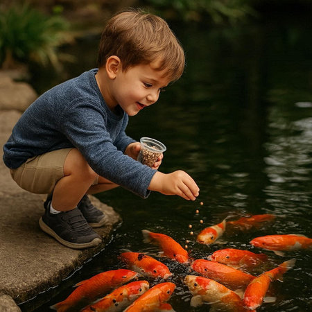 Cute little boy playing with fishes in the pond. Child feeding fish.