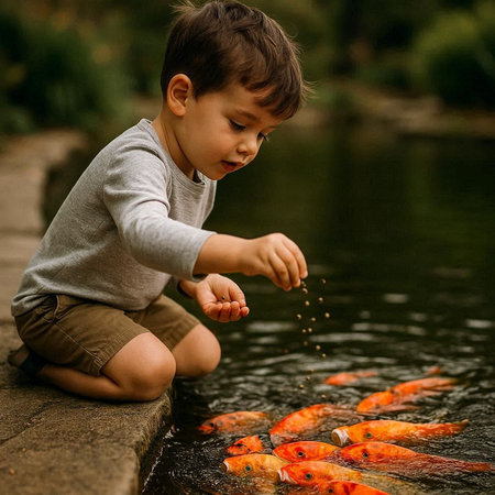 Cute little boy feeding koi fish in the pond. Child playing with fishes.