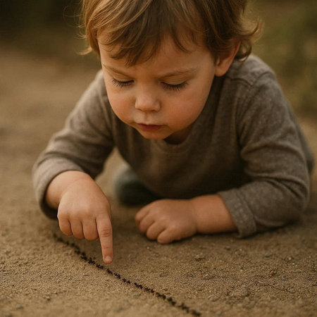 Little boy playing with the sand in the park, close-up