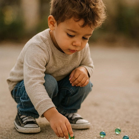 Cute little boy playing with marbles in the park. Selective focus.