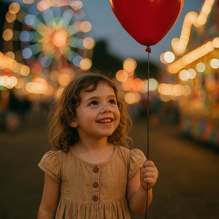 Adorable little girl with red balloon on the background of amusement park
