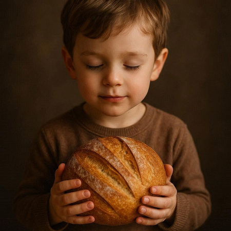 Little boy with a loaf of bread in his hands, dark background