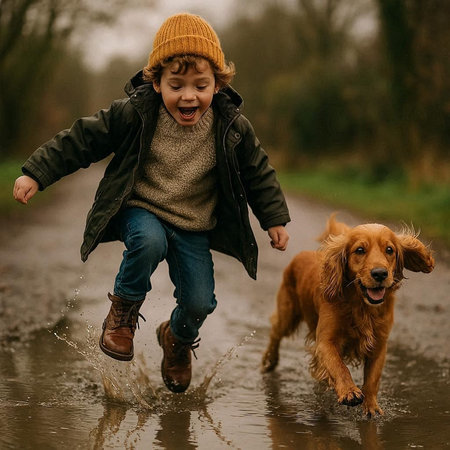 Little boy playing with a dog in a puddle on a rainy dayの写真素材