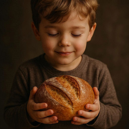 Little boy holding a freshly baked loaf of bread in his hands.