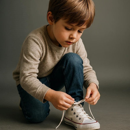 Cute little boy tying shoelaces on grey background. Kid tying shoelaces.