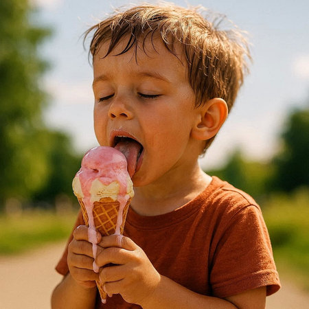 Cute little boy eating ice cream in the park on summer day