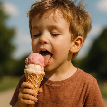 Cute little boy eating ice cream in the park. Outdoor portrait