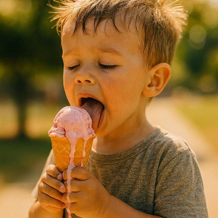 Little boy eating ice cream in the park on a summer day.