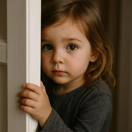 Portrait of a little girl looking out of a white door.