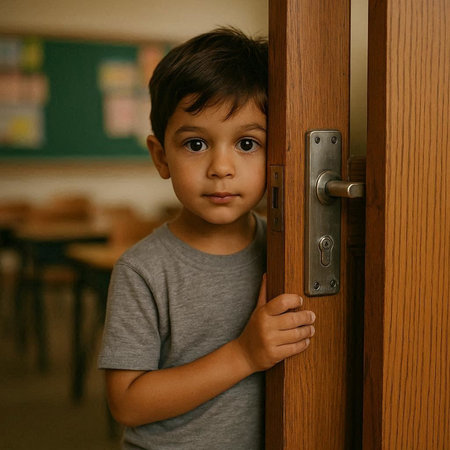 Portrait of a boy standing in front of a door at school