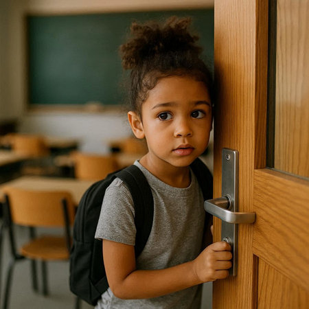 Portrait of a cute little african american schoolgirl looking at camera while standing in front of a...