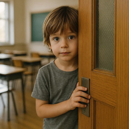 Cute little boy looking out of the door in a school classroom