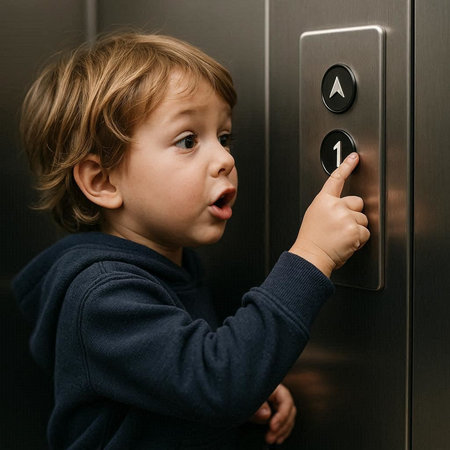 Surprised little boy opening the elevator door and touching the button