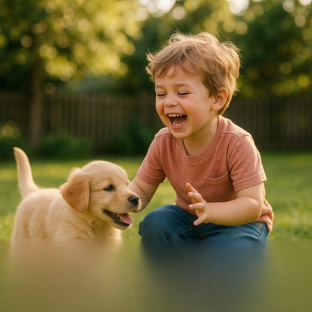 Cute little boy playing with golden retriever puppy in the garden