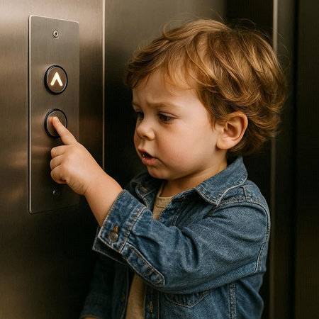 Cute little boy in jeans jacket presses a button on the elevator