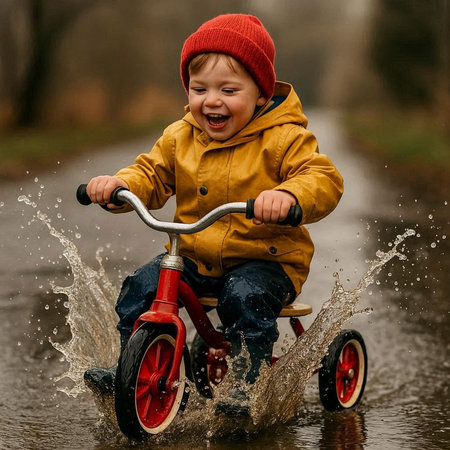 Cute little boy having fun on a tricycle in the rain